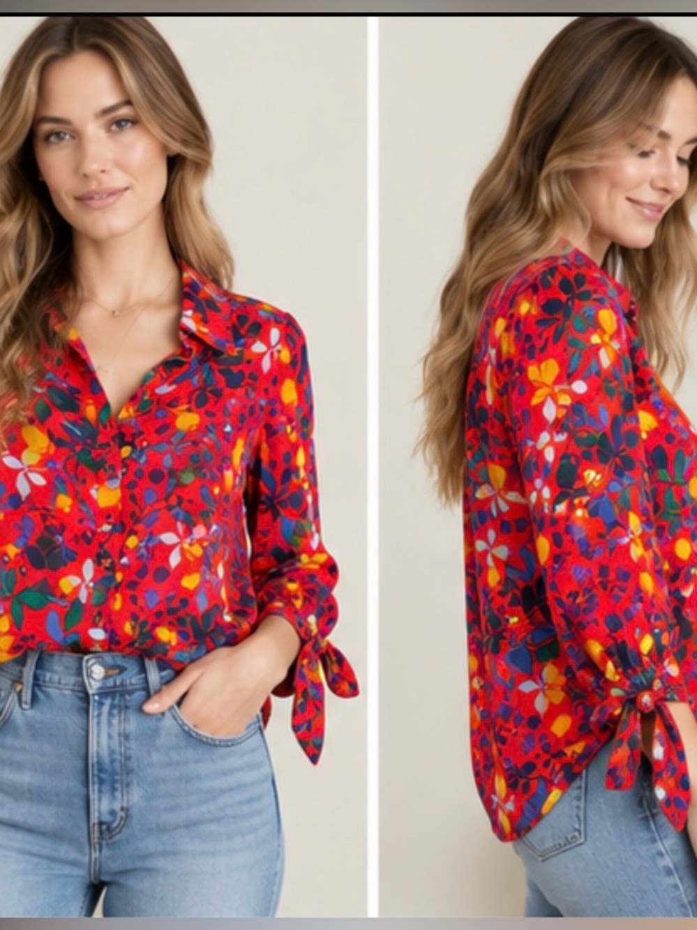 Maeve Anthropologie Red Floral Button Down Tie Cuff Blouse Size 2 Boho